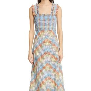 BEING REMOVED WED - GANNI Plaid Smocked Seersucker Sundress NWOT Size 36EU (4US)